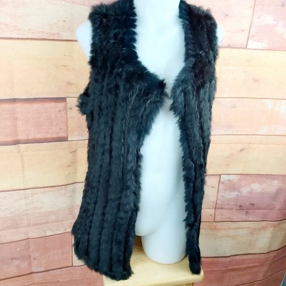 Black Genuine Rabbit Fur Vest - Picture 2 of 9